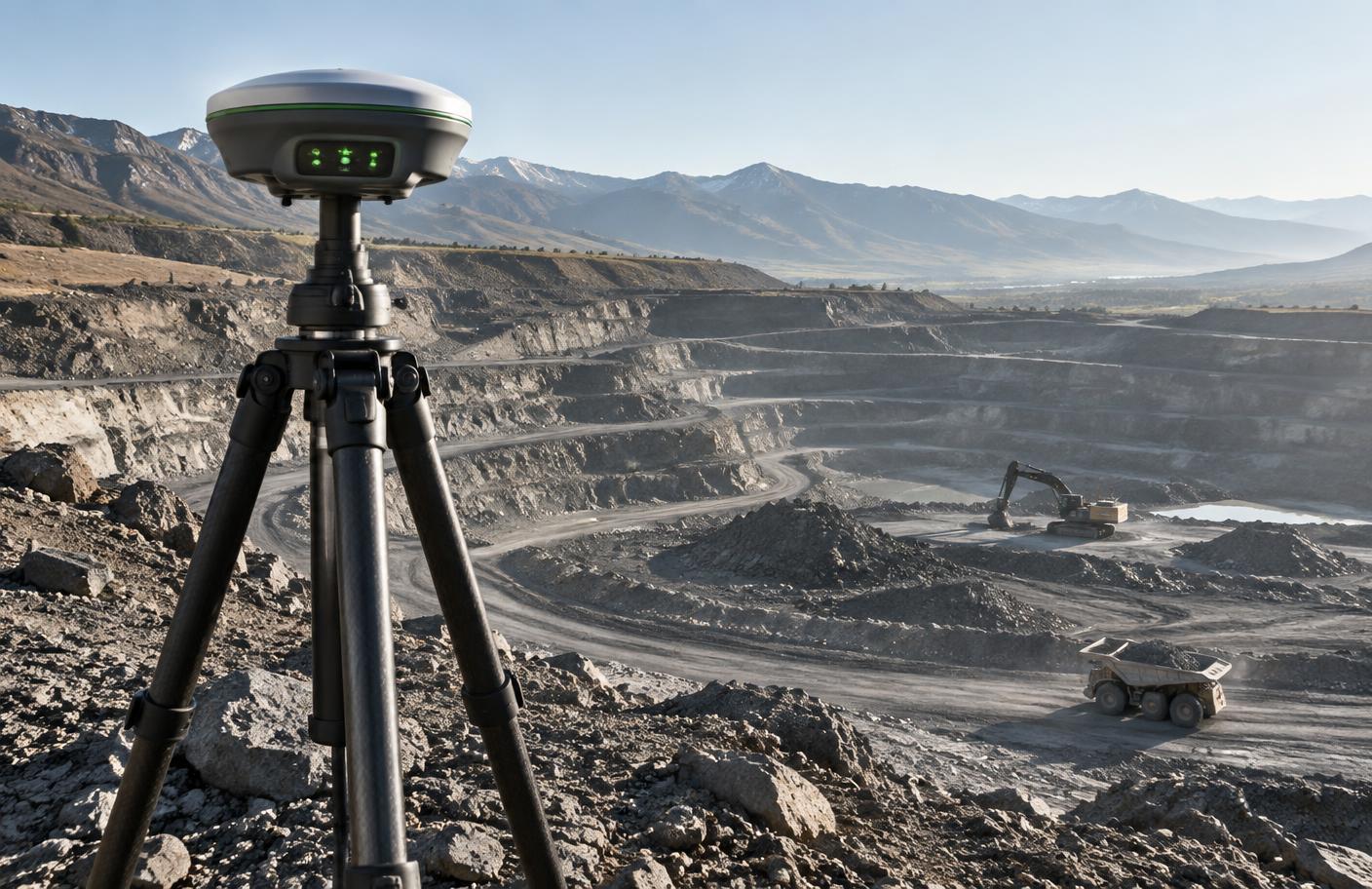 GNSS surveying receiver positioned above an open-pit mine